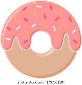 Cute pink donut doughnut with sprinkles and glaze frosting, pretty 3D graphic design illustration, modern food pastry clip art element for cafe or bakery, isolated sweet pastel vector desert.