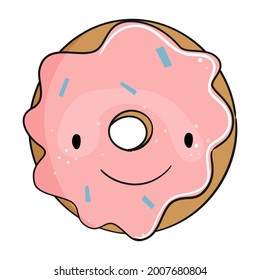 Cute pink donut. Funny cartoon character. Vector illustration.