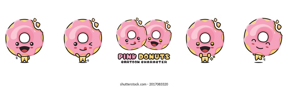 cute pink donuts mascot, food cartoon illustration, with different facial expressions and poses, isolated on white background