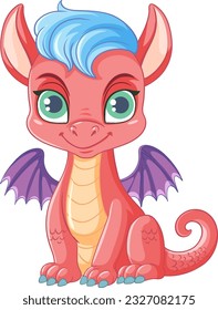 Cute pink dragon cartoon character sitting isolated illustration