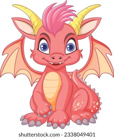 Cute pink dragon cartoon character sitting isolated illustration