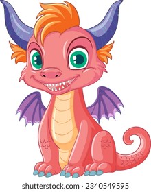 Cute pink dragon cartoon character sitting isolated illustration