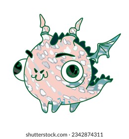 
Cute pink dragon with horns and wings. Color. Vector.