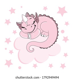 Cute pink dragon is sleeping on a cloud and pink stars on a white background isolated