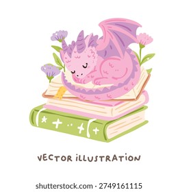 Cute Pink Dragon Sleeping on Books, Kawaii Fantasy Dragon Clipart, Baby Dragon Nap Illustration, Magical Storybook Character