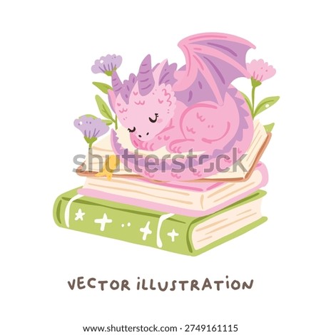 Cute Pink Dragon Sleeping on Books, Kawaii Fantasy Dragon Clipart, Baby Dragon Nap Illustration, Magical Storybook Character