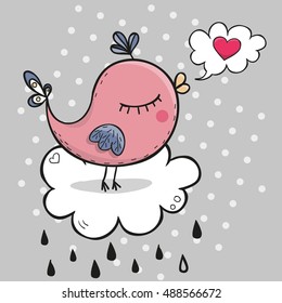 Cute Pink Drawn Bird on the cloud