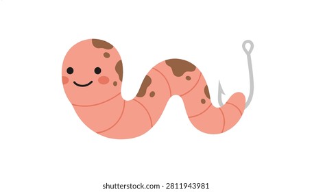 Cute pink earthworm with a smiling face unfortunately hooked on a silver fishing needle against a white background.