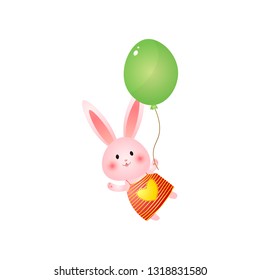 Cute pink easter bunny with balloon isolated on white background