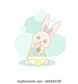 Cute pink Easter bunny with easter basket with eggs of different colors on white background with turquoise clouds. Vector illustration. Good for holiday Easter cards.