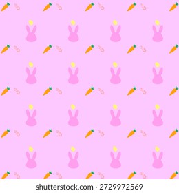 Cute Pink Easter Bunny and Carrot Vector Seamless Pattern with Egg and Leaves for Kids