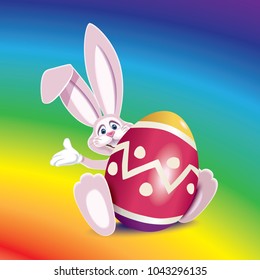 Cute pink Easter Bunny with colored egg decorated with ornaments and rainbow on background.Vector illustration for holiday greeting.