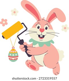 A cute pink Easter bunny is decorating an egg using a paint roller in this cheerful vector illustration. This whimsical cartoon character is perfect for spring holiday designs and children's content.