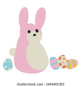 Cute pink Easter bunny with eggs for childrens easter hunt illustration. Spring holiday striped egg graphic with kawaii rabbit. Hand drawn doodle stytle fun celebration vector clipart. 