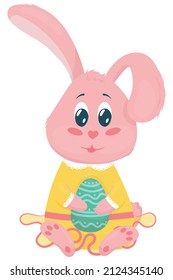 cute pink easter bunny girl in yellow dress with green egg, cute vector element in flat style isolated on white background