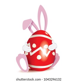 Cute pink Easter Bunny hugged red colored egg decorated with ornaments isolated on a white background.Vector illustration for holiday greeting.