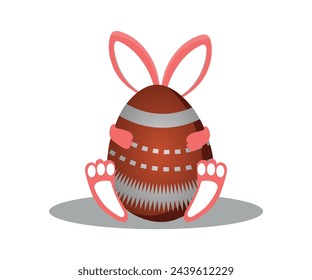 Cute pink Easter Bunny hugged red colored egg decorated with ornaments isolated on a white background.Vector illustration for holiday greeting.