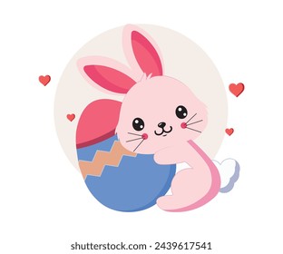 cute pink easter bunny hugging a big colorful egg. vector illustration with white background