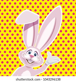 Cute pink Easter Bunny on a dotted pop art style background.Vector illustration for holiday greeting.