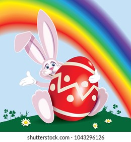 Cute pink Easter Bunny with red colored egg decorated with ornaments in landscape and rainbow on background.Vector illustration for holiday greeting.
