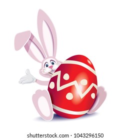 Cute pink Easter Bunny with red colored egg decorated with ornaments isolated on a white background.Vector illustration for holiday greeting.