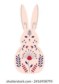 Cute pink Easter bunny in Scandinavian style. Hand drawn vector character. Forest character hare. Holiday flat vector illustration on white isolated background.