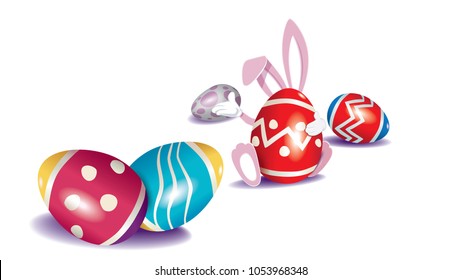 Cute pink Easter Bunny with set of colored egg decorated with ornaments isolated on a white background. Vector illustration for holiday greeting.