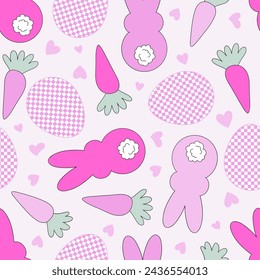 Cute pink Easter bunny silhouette from the back carrots checkerboard eggs vector seamless pattern. Hand drawn linear happy Easter spring holiday background. 