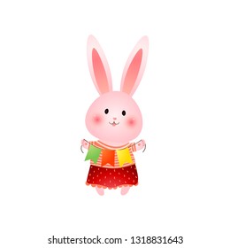 Cute pink easter bunny with three colored flags in hands isolated on white background