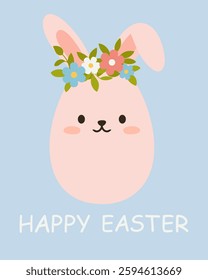 Cute pink Easter egg with bunny ears and flowers wreath on blue background