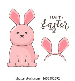 Cute pink Easter rabbit. Mask with pink rabbit or bunny ears and lettering Happy Easter isolated on white background. Illustration in cartoon style can be used for holiday design and greeting card.