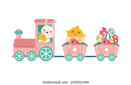 Cute pink easter train with rabbit and chick. Happy Easter celebration card design. Flat vector cartoon