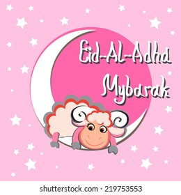 Cute pink Eid-al-Adha Mubarak greeting card. Cartoon cute sheep, Crescent moon, stars. For muslim community festival.  Vector silhouette. For greeting, as decoration.