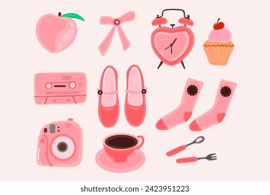 cute pink element, shoes, sock, cupcake, ribbon, camera