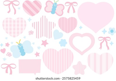 Cute pink elements of butterfly, ribbon, hearts, stars for Valentine card, love sign, logo, symbol, label, icon, patch, brooch, fabric print, sticker, text bubbles, decoration, tattoo, girly stuff