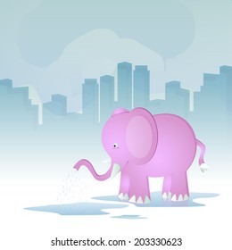 Cute pink elephant in blue stormy season, urban city background. 