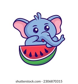 Cute pink elephant is eating watermelon