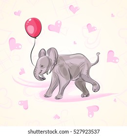 Cute pink elephant holding balloons with hearts
