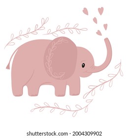 Cute pink elephant releases hearts from its trunk, vector children's illustration. A large African animal, drawn in a childlike way. Postcard or poster for baby, design.