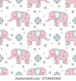 Cute Pink Elephant Seamless Pattern with Pastel Floral Decoration
