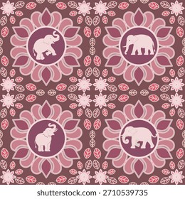 A cute pink elephant surrounded by decorative floral patterns in a vibrant ornamental design.
