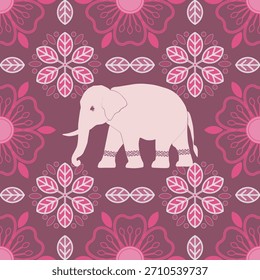 A cute pink elephant surrounded by decorative floral patterns in a vibrant ornamental design.