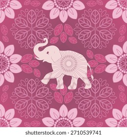 A cute pink elephant surrounded by decorative floral patterns in a vibrant ornamental design.
