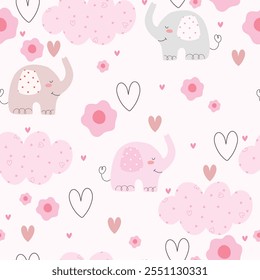 Cute pink elephants, flowers, clouds and hearts, seamless pattern. Vector illustration with hand drawn animals and flowers, pattern for wrappinhg paper, baby shower, Valentine's Day, Wedding.