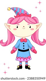 cute pink elf in a pink and blue cap and dress with sparkles