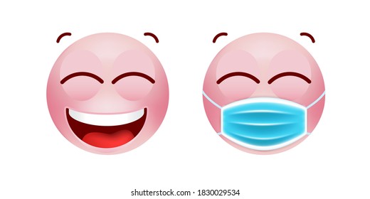 Cute Pink Emoticon with Cartoon Style with Medical Facial Mask on White Background . Isolated Vector Illustration 