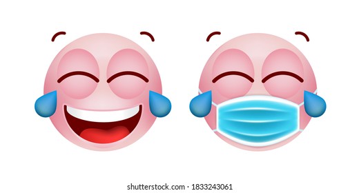 Cute Pink Emoticon with Cartoon Style with Medical Facial Mask on White Background . Isolated Vector Illustration 