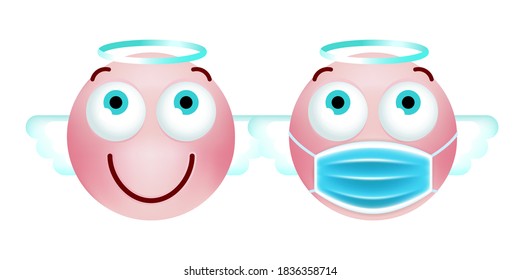 Cute Pink Emoticon with Cartoon Style with Medical Facial Mask on White Background . Isolated Vector Illustration 