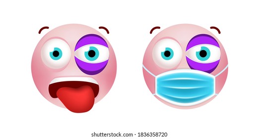 Cute Pink Emoticon with Cartoon Style with Medical Facial Mask on White Background . Isolated Vector Illustration 