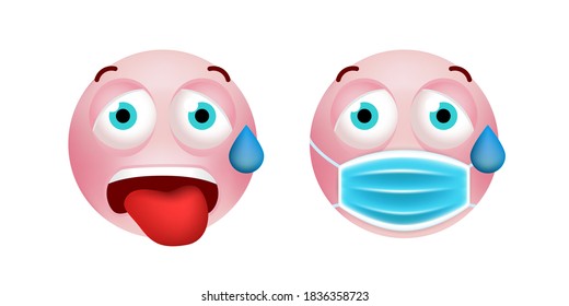 Cute Pink Emoticon with Cartoon Style with Medical Facial Mask on White Background . Isolated Vector Illustration 